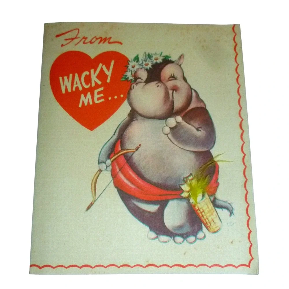 Vintage 1947 Rust Craft Valentine Card Hippo Cupid Wacky Me Goofy You Kitsch MCM